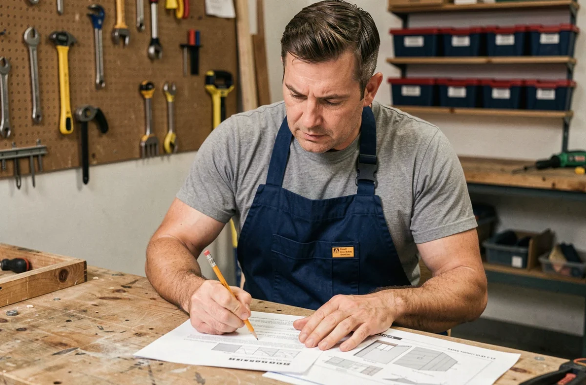 Artisan bricoleur étudiant des fiches techniques de formation bricolage dans un atelier bien organisé