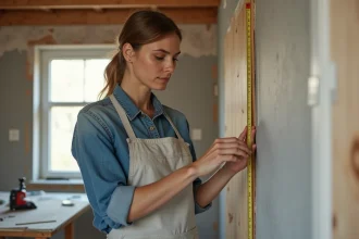 Femme adulte mesurant un panneau mural en bois lors d'une formation bricolage CPF dans un intérieur en rénovation