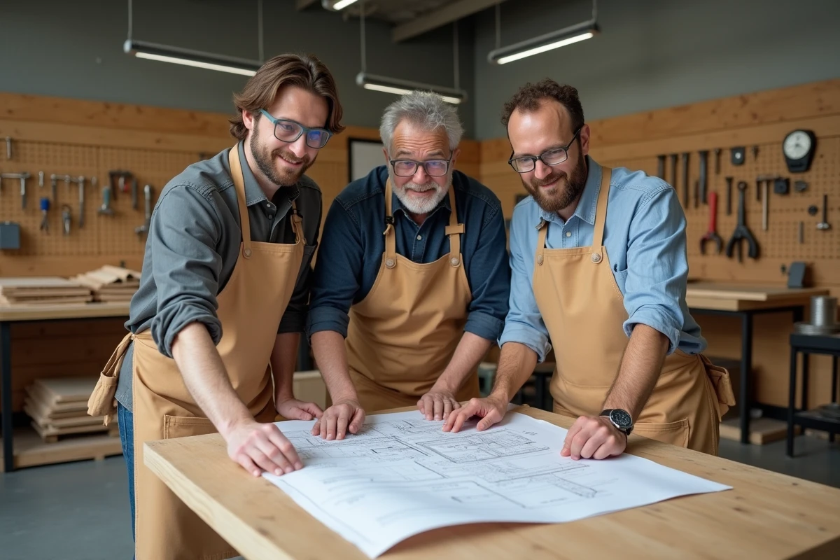 Groupe de stagiaires adultes étudiant un plan technique sur un établi lors d'une formation bricolage CPF en atelier professionnel