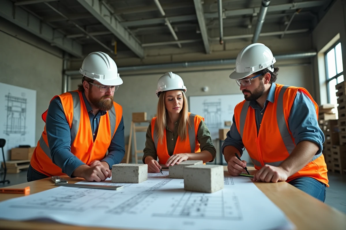 Groupe de stagiaires adultes en formation BTP dans un centre professionnel autour de plans de construction