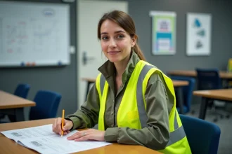Femme en gilet haute visibilité en formation CACES 1 3