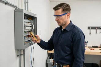 Homme adulte étudiant un tableau électrique résidentiel avec un multimètre lors d'une formation brico électricité