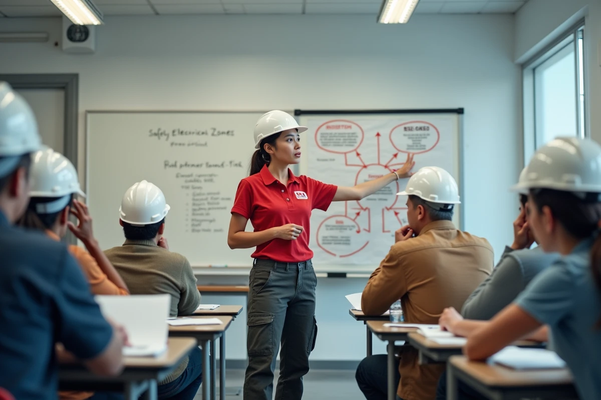 Formatrice animant une session de formation Habilec7 sur la prévention des risques électriques