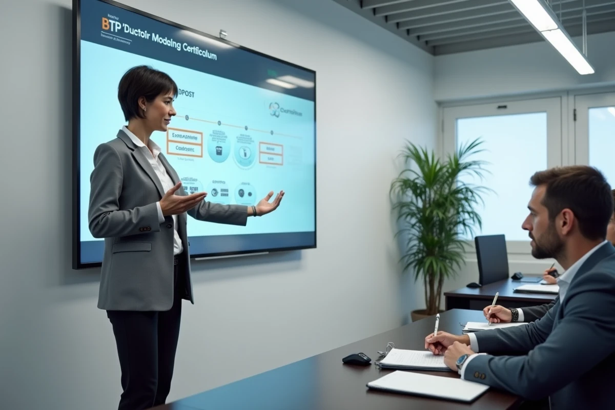 Formatrice BTP présentant un programme de formation en ligne sur écran numérique à un stagiaire en centre