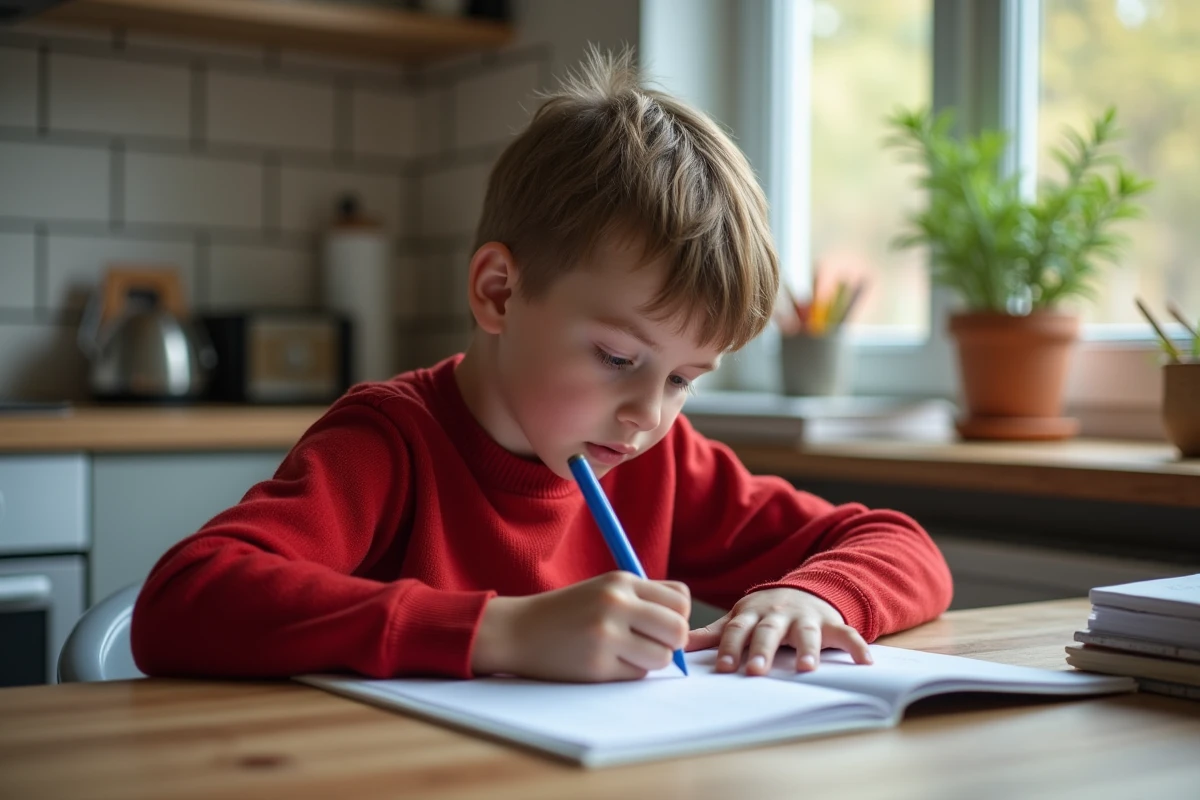 Gar&ccedil;on faisant une dict&eacute;e &agrave; la maison dans la cuisine