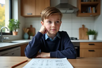 Garçon concentré avec test IQ à la maison