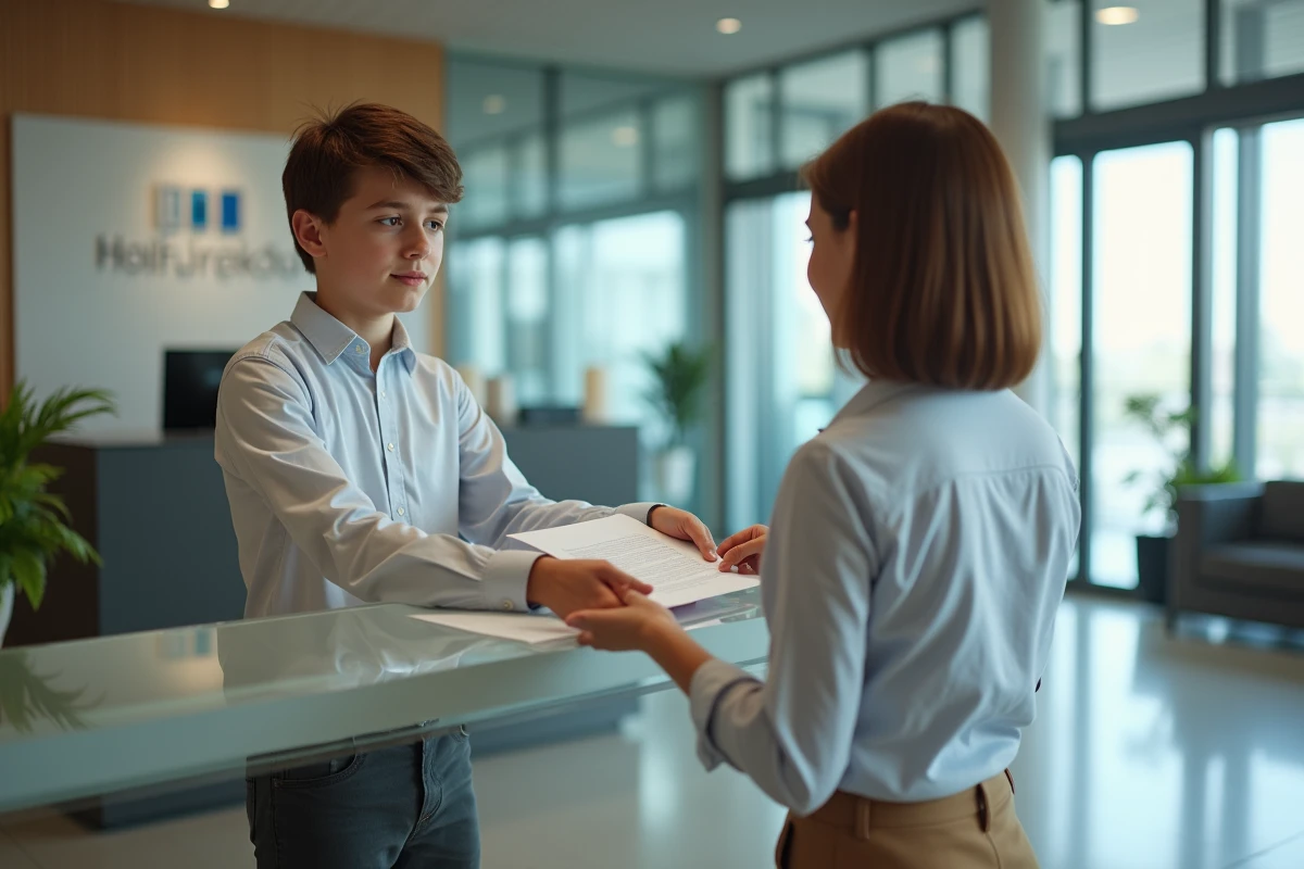 Garçon tendant sa lettre de motivation à la réceptionniste