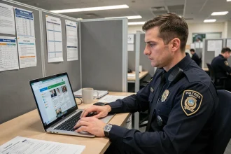 Gardien de la paix utilisant la plateforme ECampus Police sur ordinateur portable au bureau d'un commissariat