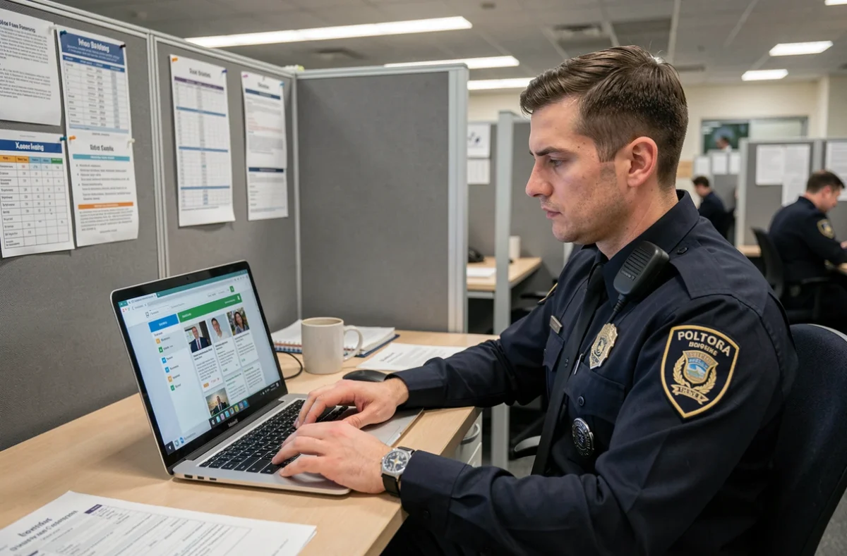 Gardien de la paix utilisant la plateforme ECampus Police sur ordinateur portable au bureau d'un commissariat