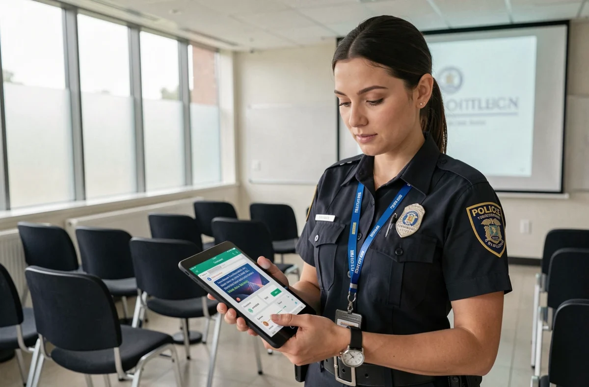 Gardienne de la paix consultant un module de formation ECampus Police sur tablette dans une salle de formation