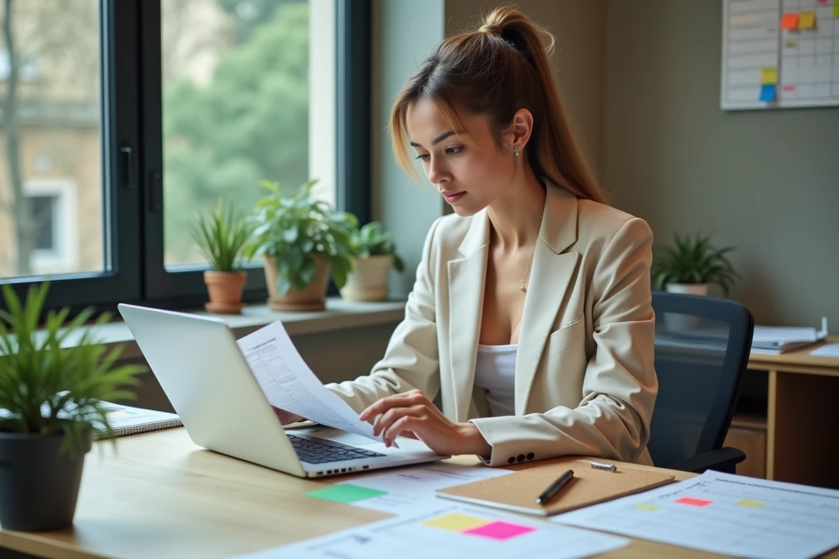 Femme gérant sa messagerie universitaire avec un calendrier et des notes dans un bureau administratif de campus