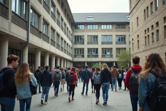 Façade d'un grand lycée français avec des élèves et des parents devant l'entrée principale