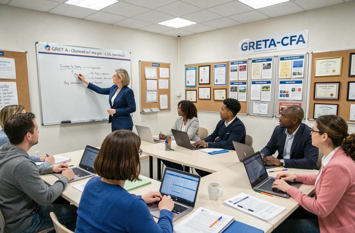 Salle de cours du GRETA-CFA Poitou-Charentes avec une enseignante et des adultes en formation continue