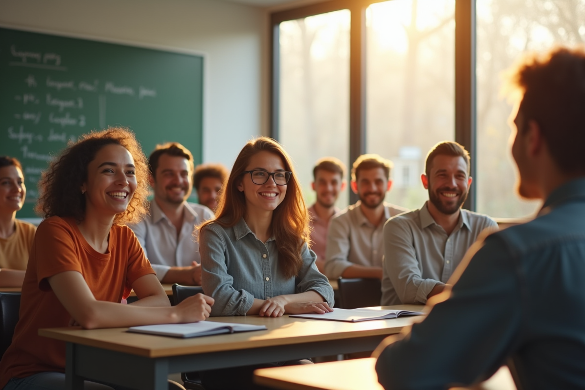 Groupe d adultes écoutant un enseignant dans une classe moderne