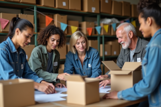 Groupe de bénévoles triant des fournitures d'aide