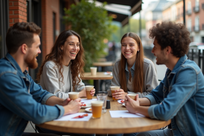 Groupe divers de personnes autour d un cafe en ville
