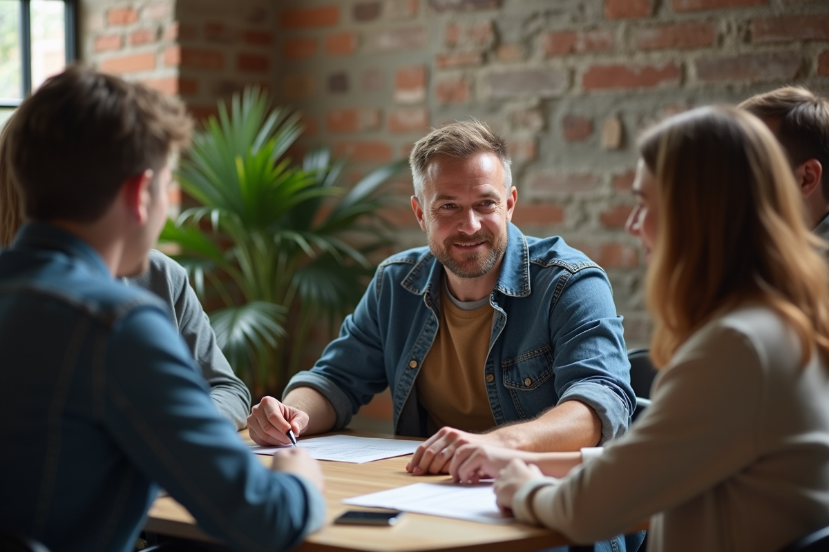 Groupe de collègues en discussion informelle dans un espace détendu