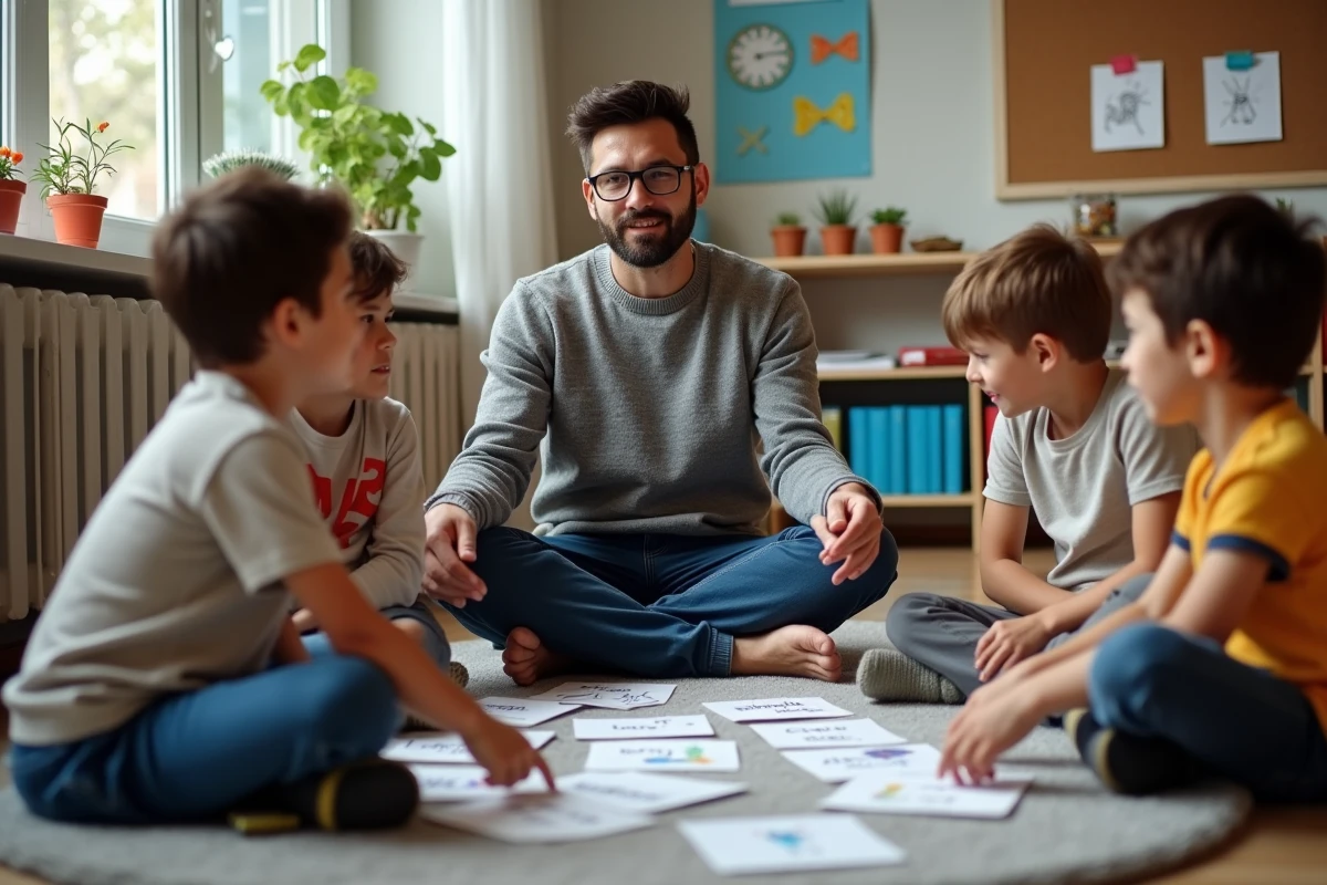 Professeur et groupe d'élèves apprenant les verbes du 2ème groupe avec des flashcards sur le sol
