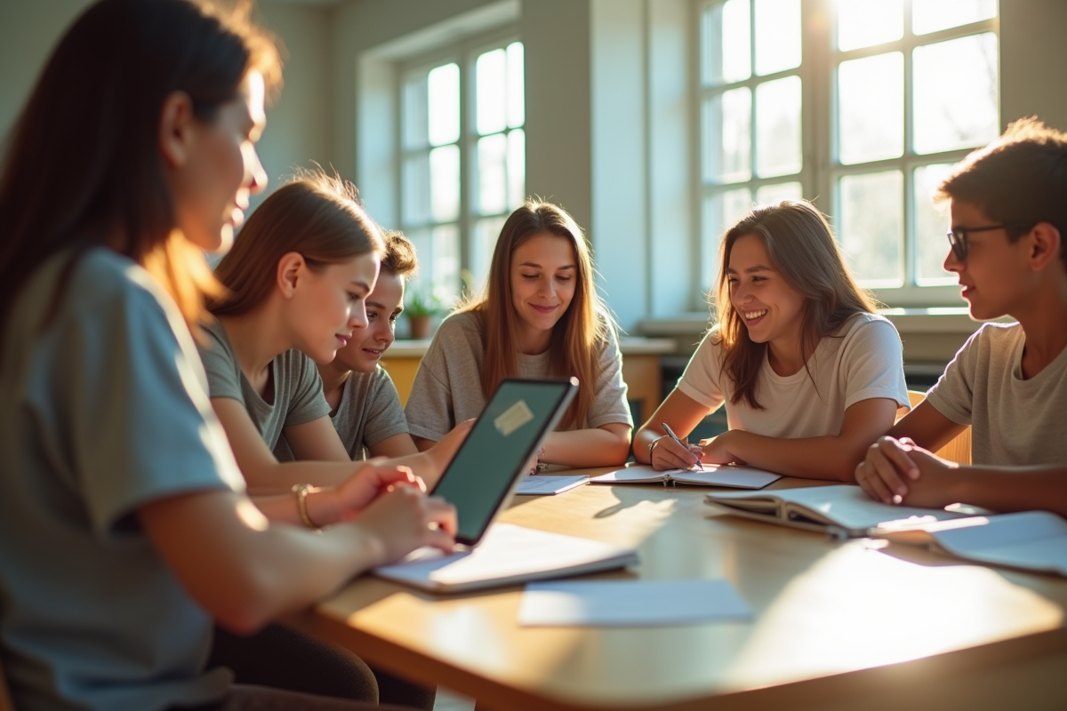 Groupe d'élèves et enseignant dans une classe lumineuse