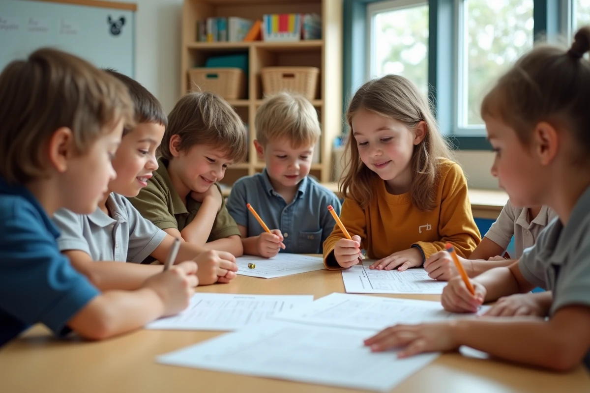 Groupe d &eacute;l&egrave;ves de CE1 discutant autour d une table