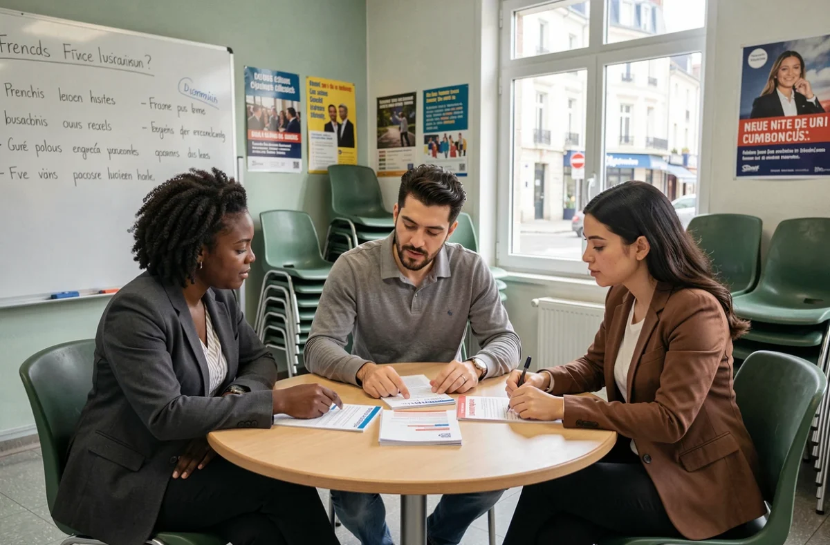 Groupe de personnes immigrées étudiant ensemble les valeurs républicaines françaises dans un centre d'intégration communautaire, préparant leur naturalisation