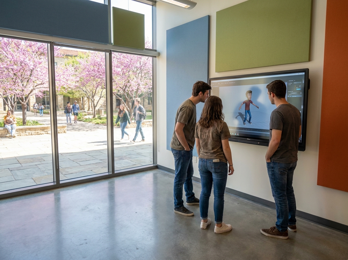 Groupe d'étudiants en animation 3D collaborant sur un projet dans une salle de cours moderne d'une école toulousaine