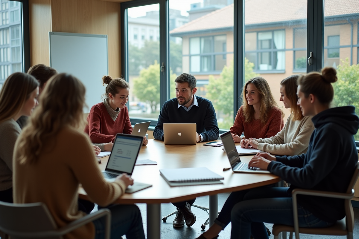Groupe d adultes en discussion dans une salle de classe moderne