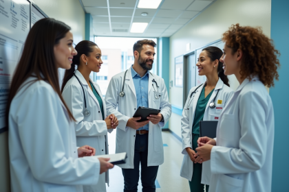 Groupe d'étudiants en médecine dans un hôpital moderne