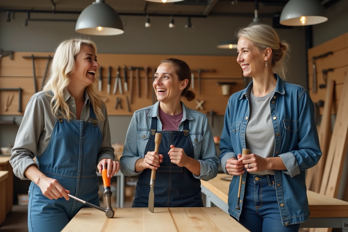 Groupe de femmes participant à un atelier bricolage Bricoludik en train de travailler ensemble avec des outils