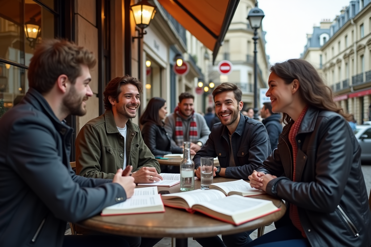 Jeunes discutant dans un café parisien animé