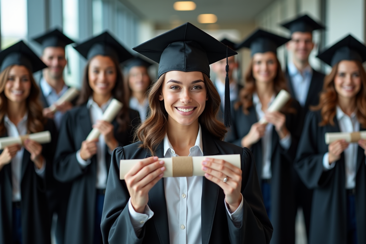 Jeunes professionnels célébrant leur diplôme dans un bureau moderne