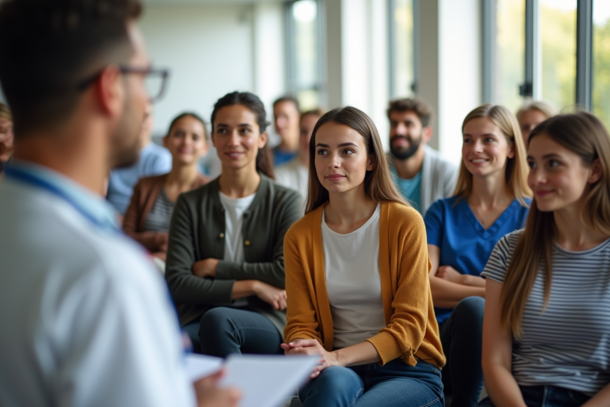 Groupe de jeunes adultes écoutant un professionnel de santé