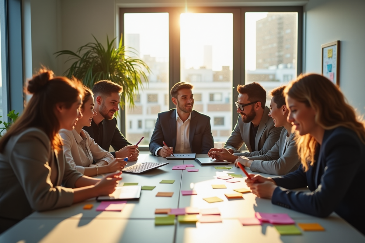 Groupe de jeunes professionnels collaborant en réunion avec notes colorées