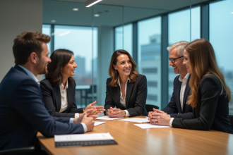 Groupe de professionnels en réunion dans un bureau moderne