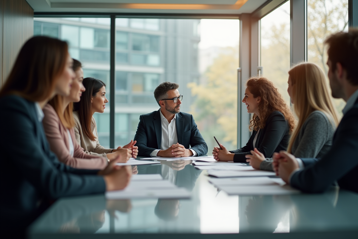 Groupe de professionnels en réunion de travail dynamique