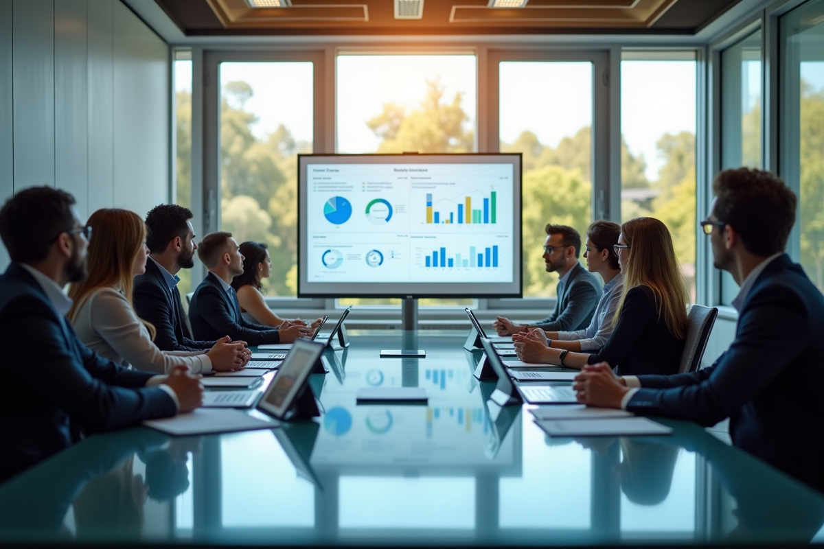 Groupe de professionnels analysant des données dans une salle lumineuse