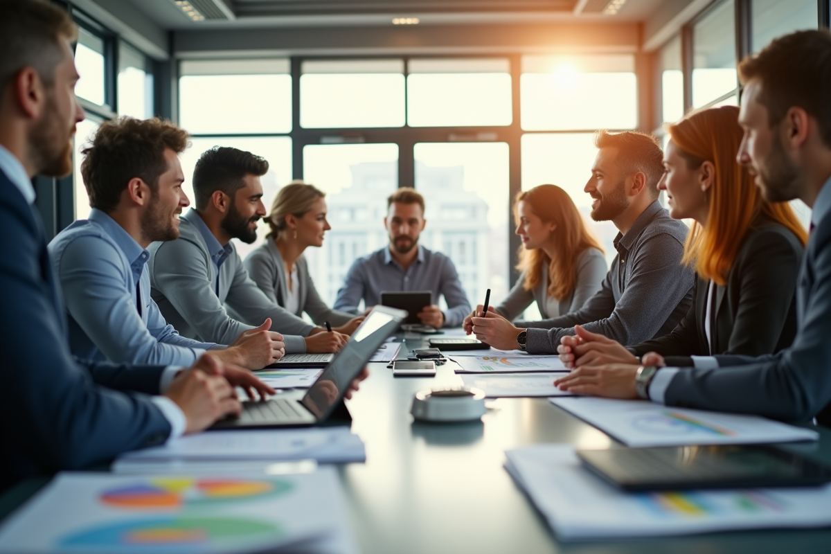 Groupe de professionnels en réunion autour d'une table moderne