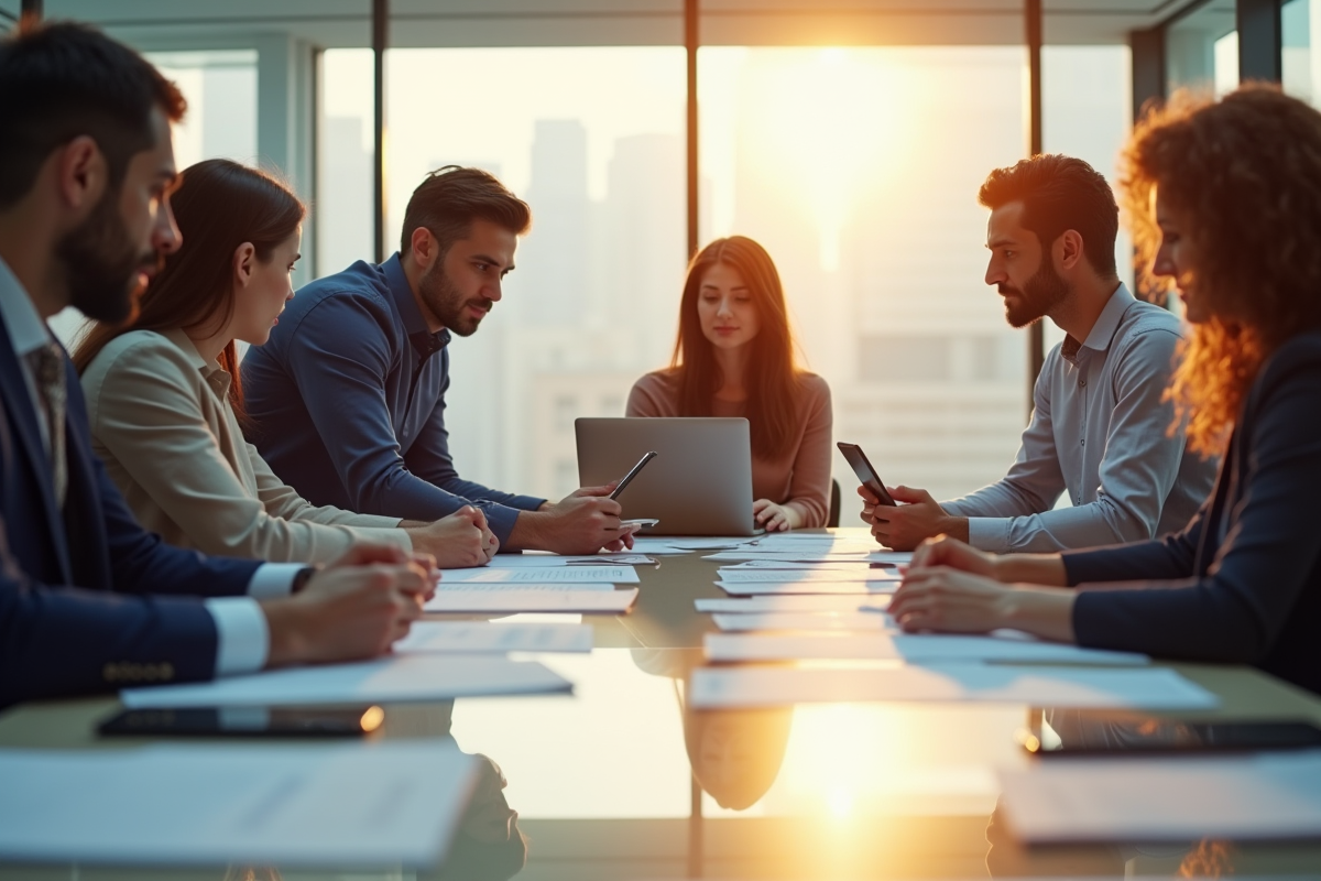 Groupe de professionnels collaborant dans un bureau lumineux