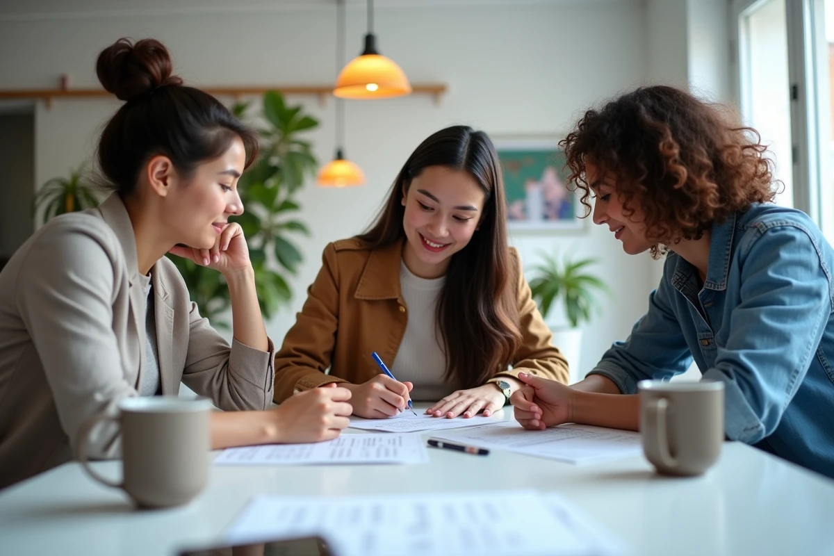 Groupe de trois adultes travaillant ensemble en coworking