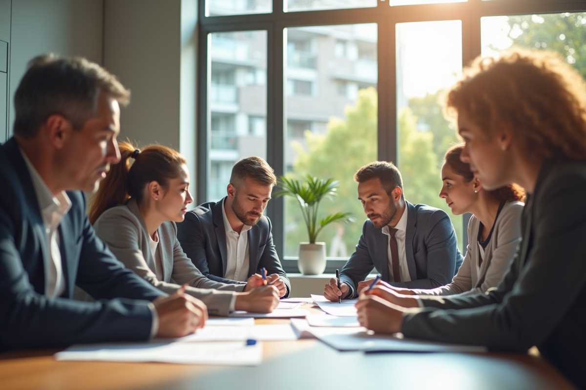 Groupe de personnes au bureau examinant des documents officiels