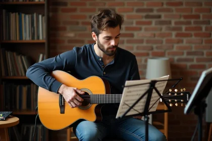 Guitariste étudiant la tablature de Hallelujah de Jeff Buckley dans un studio maison avec une guitare acoustique