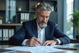 Homme d'affaires en costume analysant un rapport financier