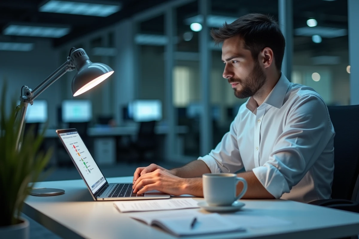 Homme analysant ses résultats annotés à un test psychotechnique sur ordinateur dans un bureau vide après les heures de travail