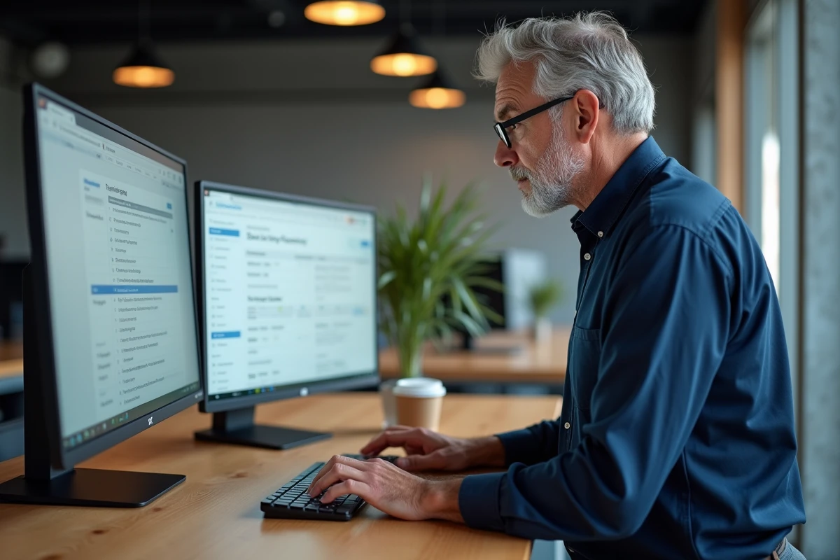 Homme comparant les prix de formations Canva sur un ordinateur dans un espace de coworking