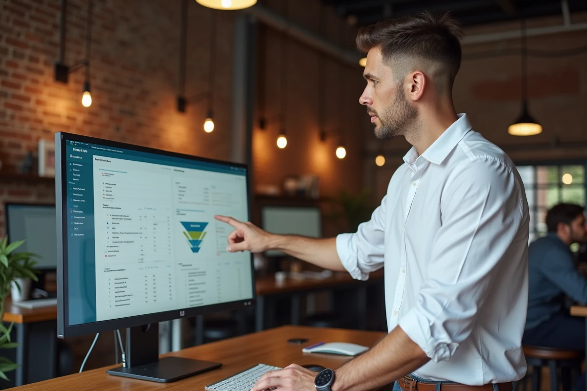 Homme en espace de coworking analysant des séquences d'automatisation email marketing sur un grand écran