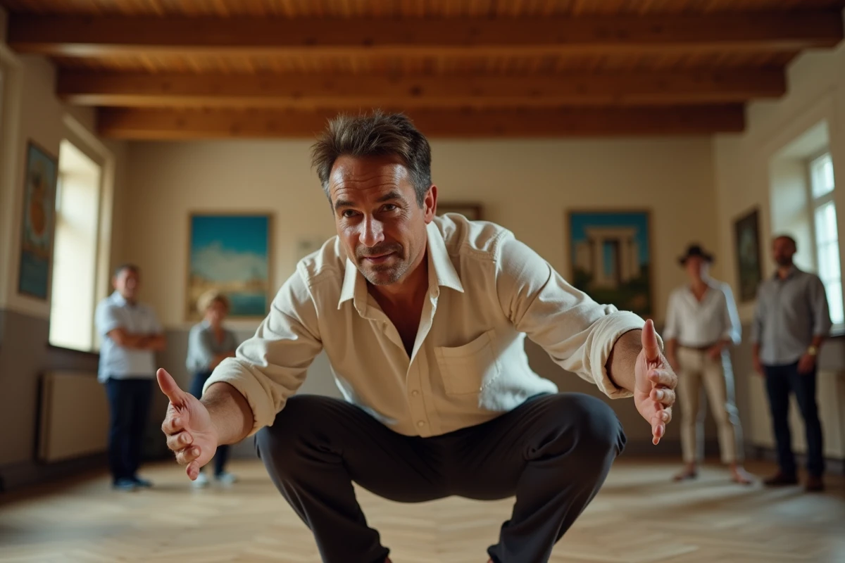 Homme français en position de pas accroupi du sirtaki lors d'un cours de danse grecque pour débutants