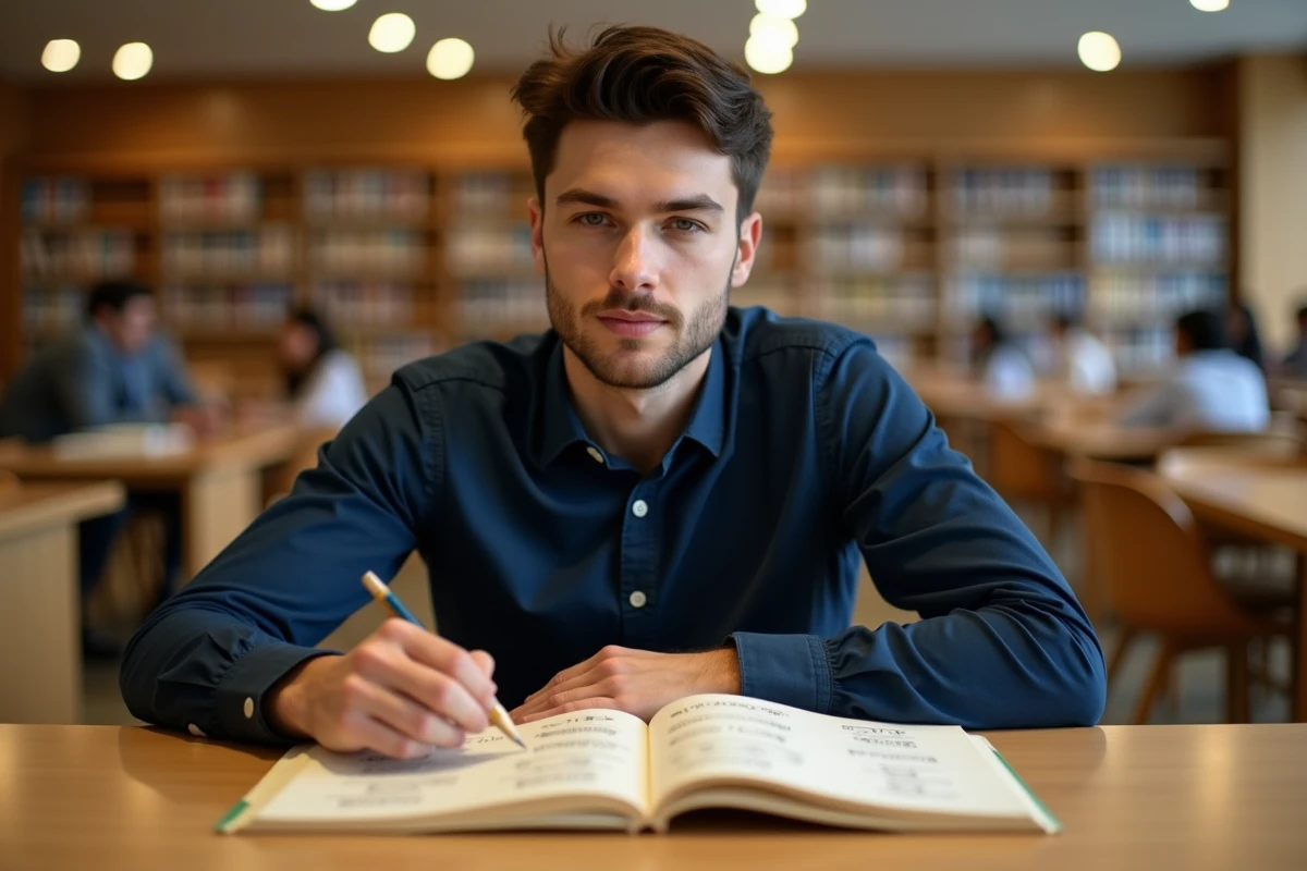 Jeune homme étudiant des exercices de séquences logiques dans une bibliothèque pour préparer des tests psychotechniques