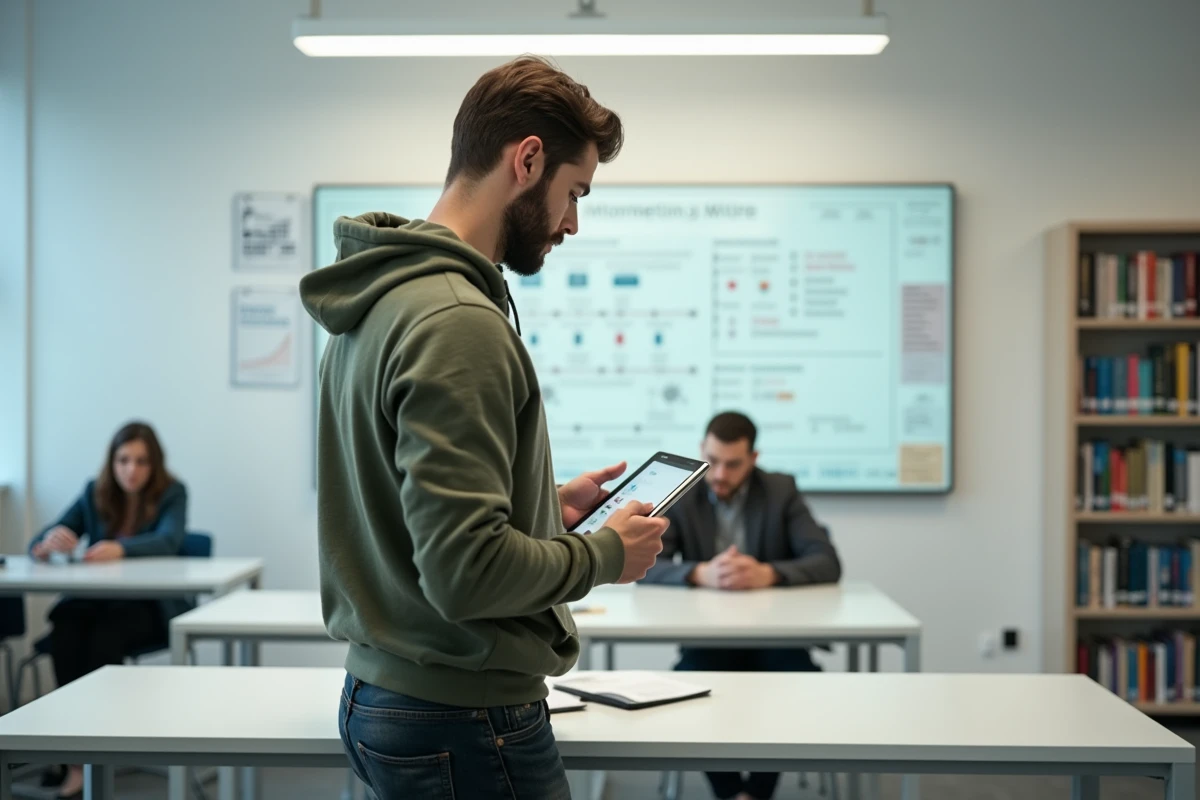 Jeune homme en formation digitale dans un centre de formation parisien, prenant des notes devant un tableau de stratégie SEO