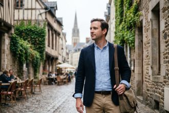 Homme en tenue décontractée dans le centre historique de Le Mans