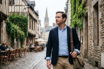 Homme en tenue décontractée dans le centre historique de Le Mans